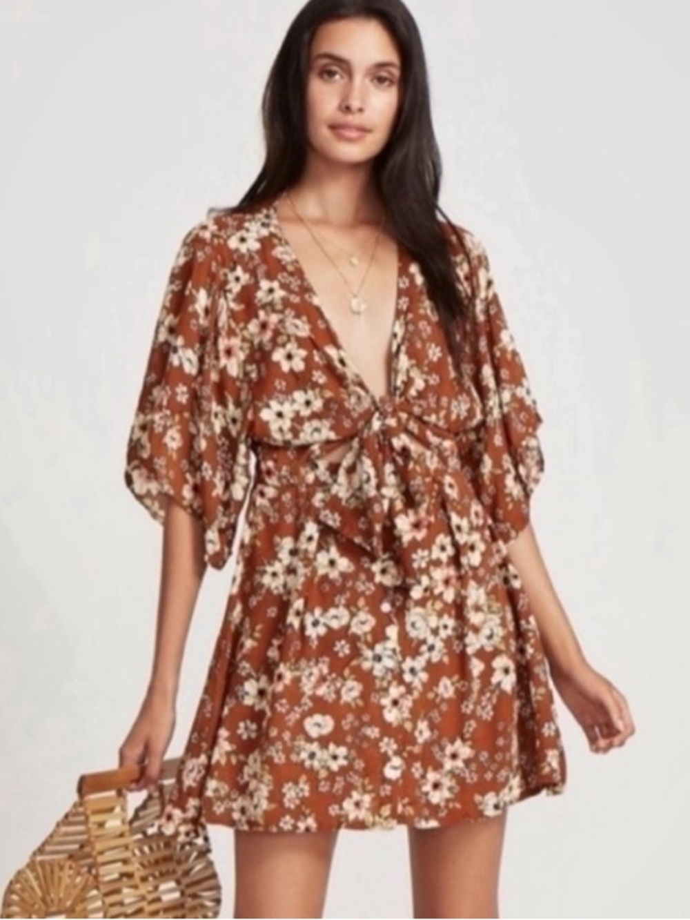 Faithfull The Brand Vinci Mini Dress Brown Floral Tie Front Size 6
